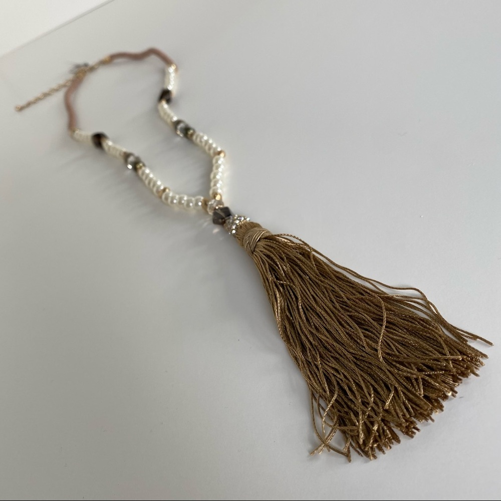 NEW Chico's Geneva Tassel Gold Pearl Bead Necklace